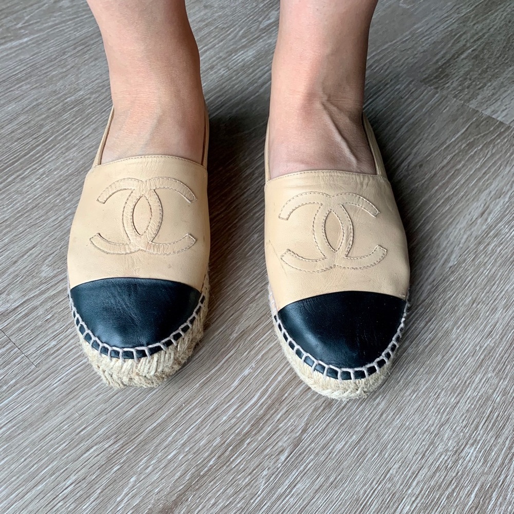 CHANEL Lambskin CC Espadrilles 37 Beige/Black